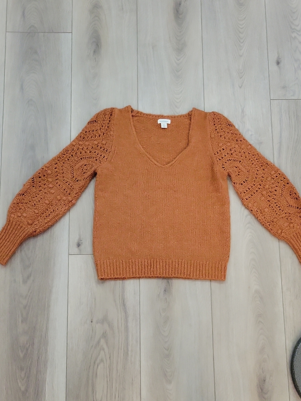 Sundance V-Neck Crochet Balloon Sleeve Sweater - Rust